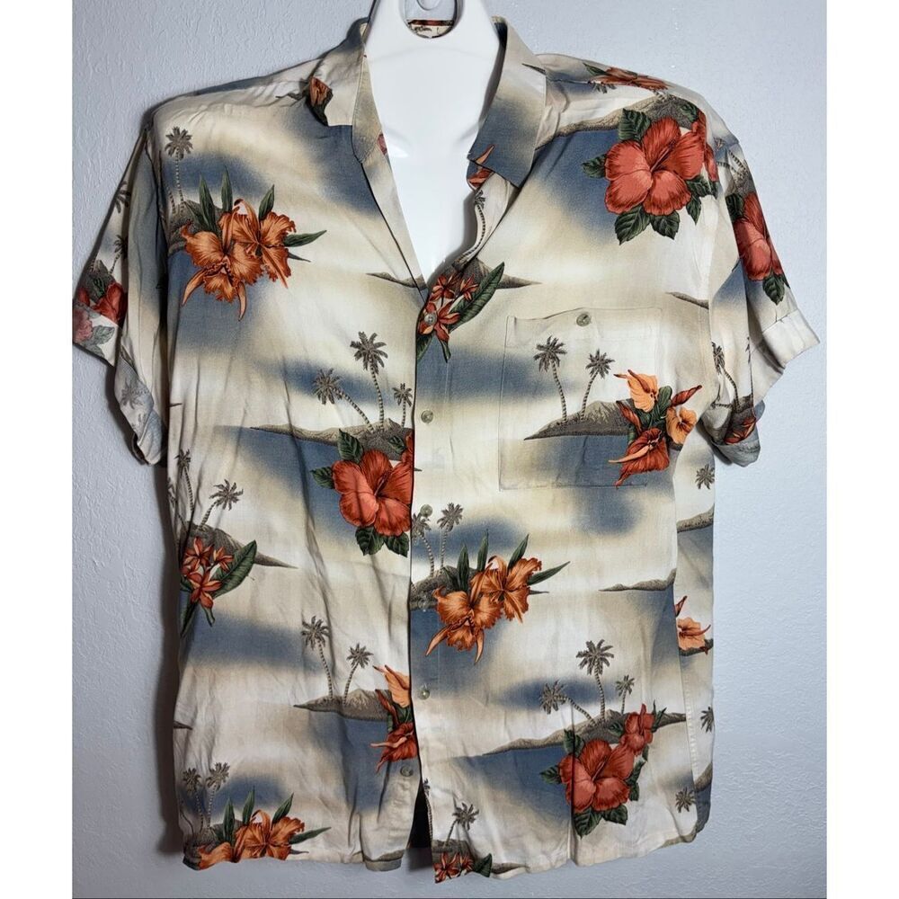 VTG Neiman Marcus Shirt Mens Large L Off White Floral Palm Tree Print Rayon 90s